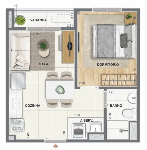 Planta 1 Quarto 31,62m² com varanda - Luzes do Rio Porto Maravilha