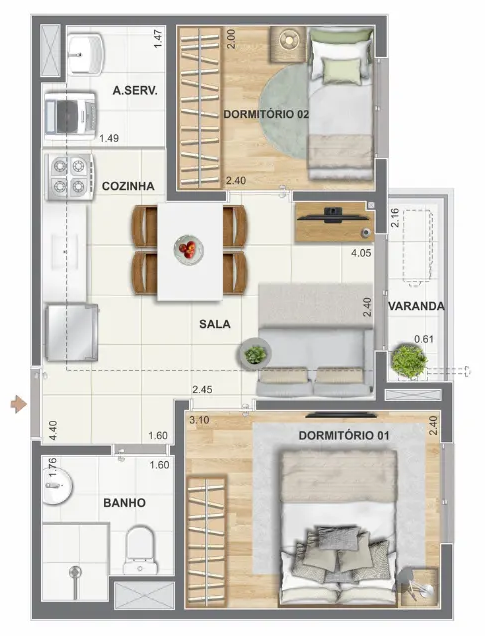 Planta 2 Quartos 35,90m² com varanda - Luzes do Rio Porto Maravilha