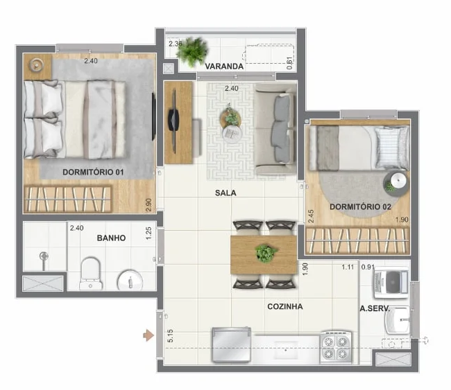 Planta 2 Quartos 37,55m² com varanda - Luzes do Rio Porto Maravilha