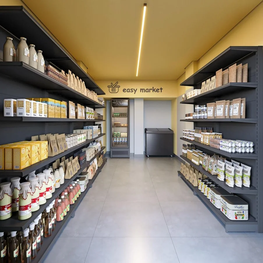 Minimercado conveniência no condomínio com prateleiras, geladeiras e corredor central.