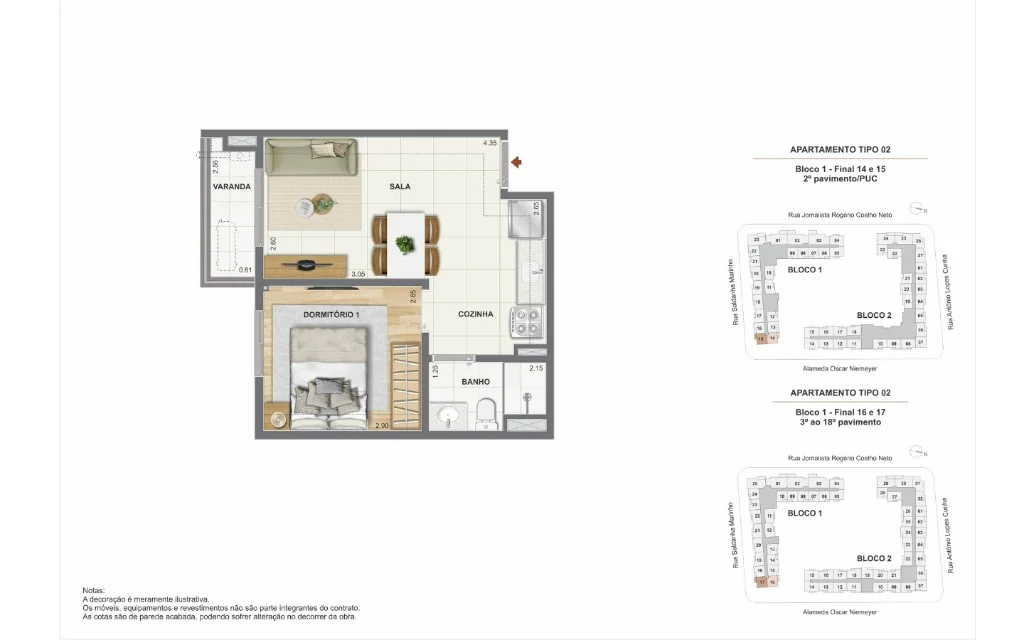 Planta humanizada apartamento 1 quarto · Colunas 15 e 14 BL1 · Orla Central Niterói · Construtora Cury RJ
