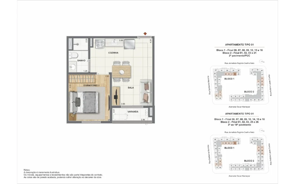 Planta humanizada apartamento 1 quarto · Coluna 6 e outras · empreendimento Orla Central Niterói · Construtora Cury RJ