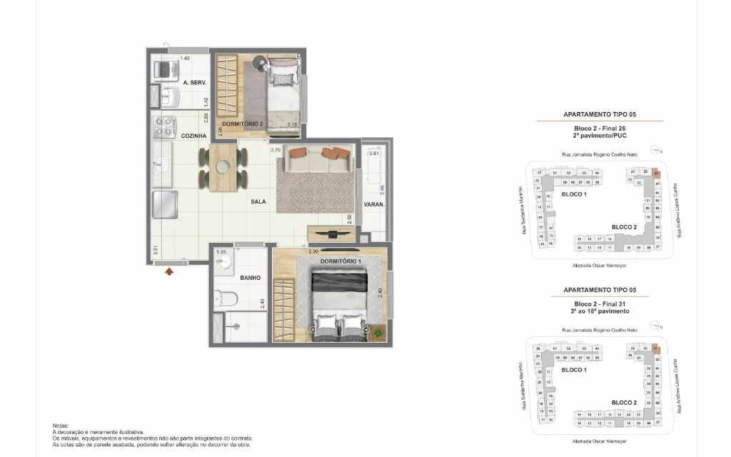 Planta humanizada apartamento 2 quartos padrão · Coluna 26 BL2 · Orla Central Niterói · Construtora Cury RJ