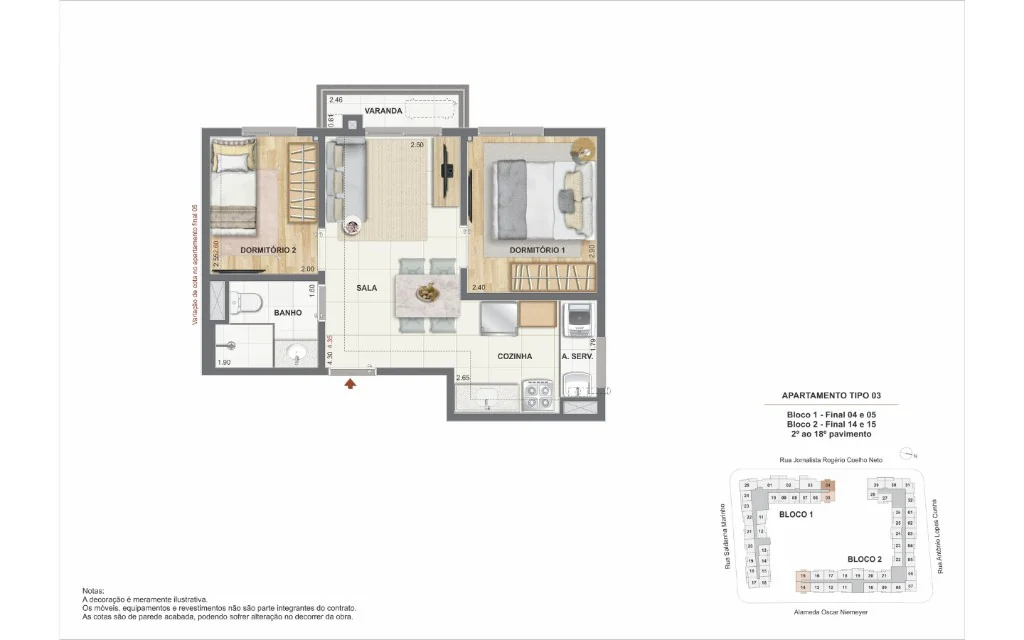Planta humanizada apartamento 2 quartos padrão · Coluna 4 · Orla Central Niterói · Construtora Cury RJ