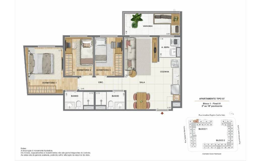 Planta humanizada apartamento 3 quartos com suíte · Coluna 01 · Orla Central Niterói · Construtora Cury RJ