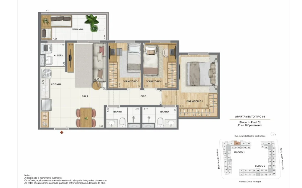 Planta humanizada apartamento 3 quartos com suíte · Coluna 02 · Orla Central Niterói · Construtora Cury RJ