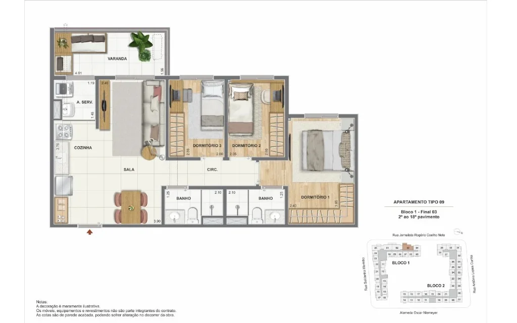 Planta humanizada apartamento 3 quartos com suíte · Coluna 03 · Orla Central Niterói · Construtora Cury RJ
