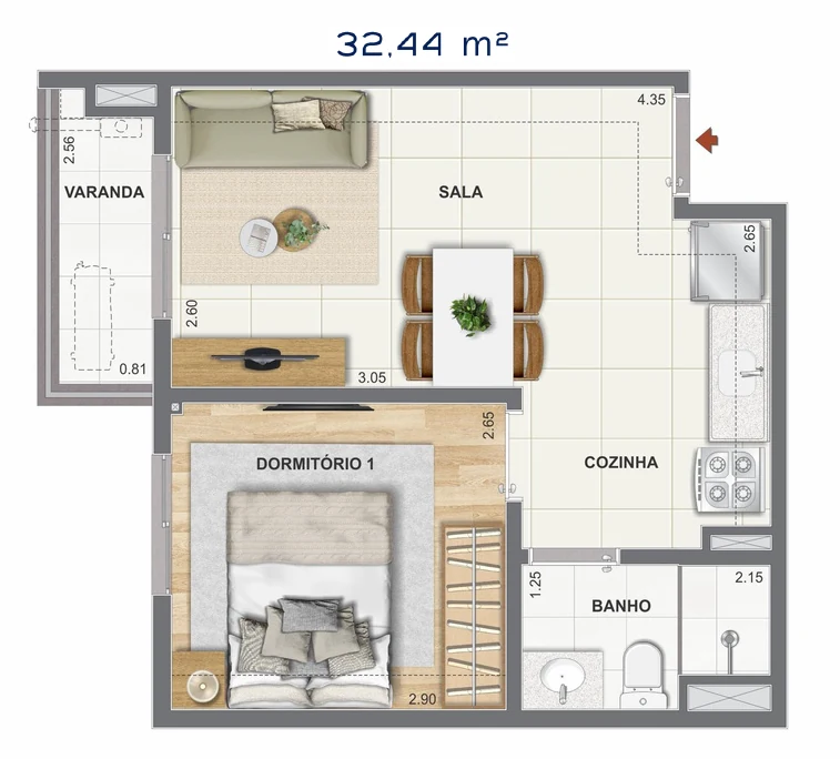 Exemplo ilustrativo · apartamento de 1 quarto, 32,44 m² (metragem na planta), Orla Central Niterói