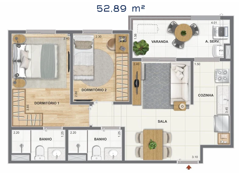 Exemplo ilustrativo · apartamento de 2 quartos com suíte e varanda, 52,89 m² (metragem na planta), Orla Central Niterói