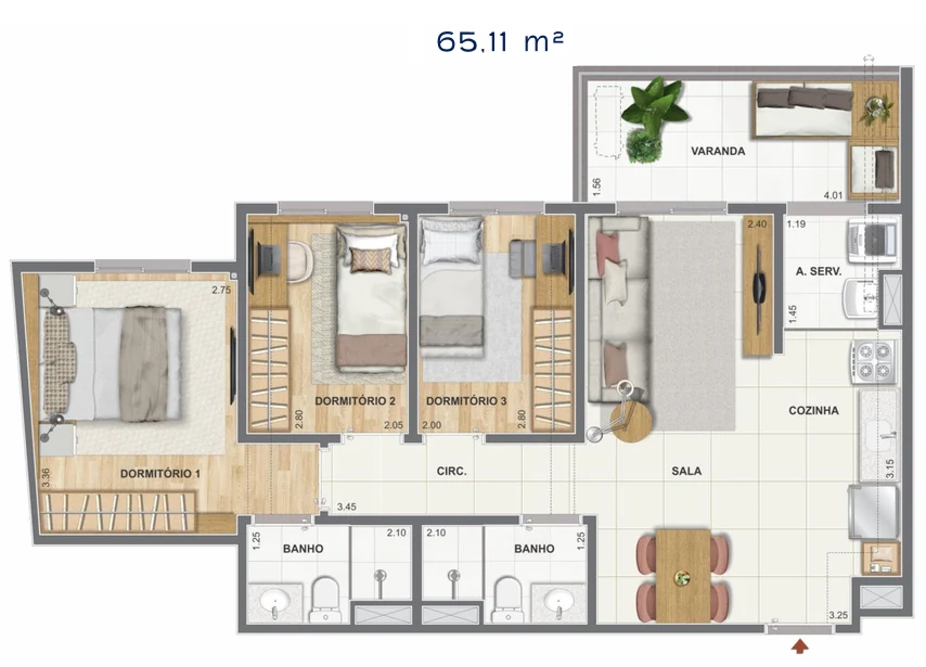 Exemplo ilustrativo · apartamento de 3 quartos com suíte e varanda, 65,11 m² (metragem na planta), Orla Central Niterói